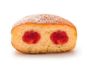 Image of a donut sliced in half with raspberry filling